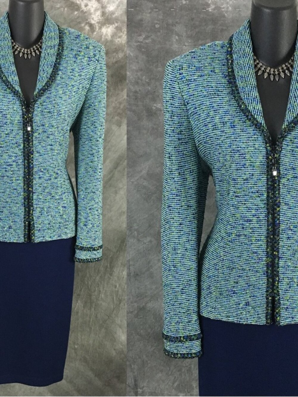 BEAUTIFUL St John collection knit blue multi jacket skirt suit size 8 - Picture 2 of 11